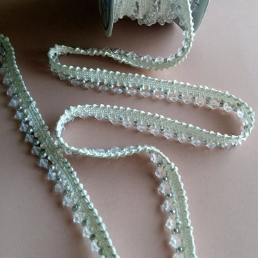 White Thread Trim Embellished With Clear And Silver Beads, Beaded Trim, Approx. 12 mm wide - 200317L408